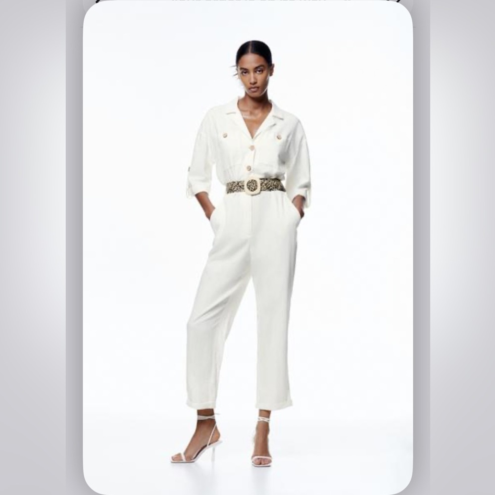 Zara Women's Cream Jumpsuit with Button Details